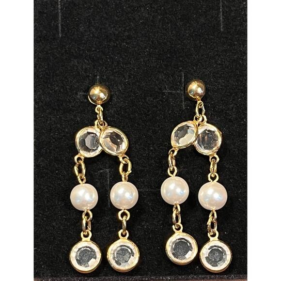 Y2K Faux Pearl Rhinestone Dangle Earrings Gold Tone Coquette Glam Vintage - Picture 2 of 6